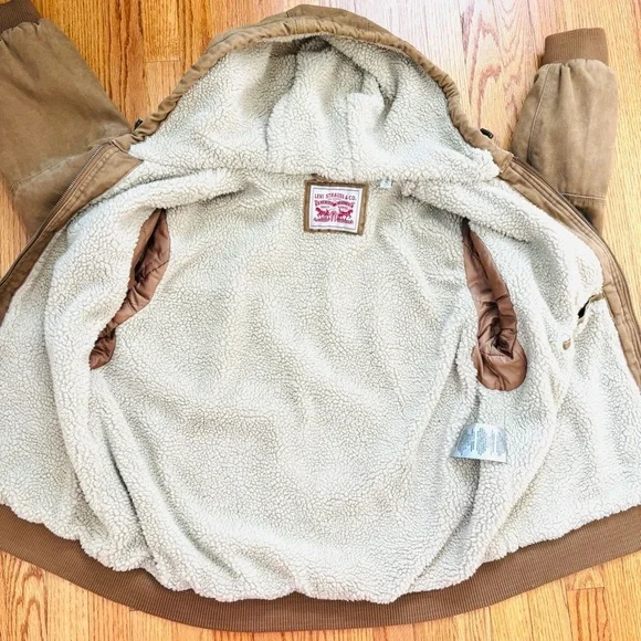 Levi’s Sherpa lined Workwear Brown Washed Canvas Outdoor winter Bomber Jacket XL - Picture 11 of 16